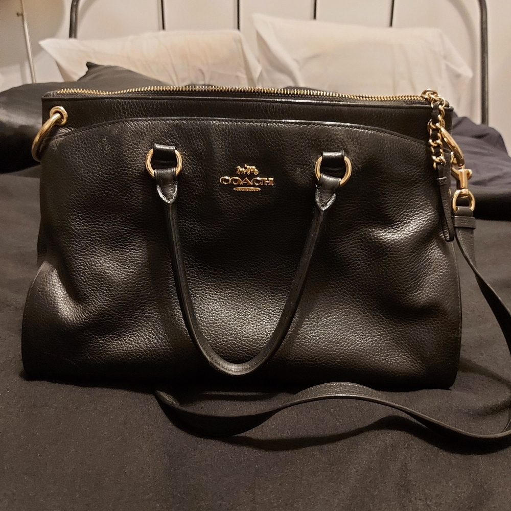 Coach Black Leather Shoulder Bag with Gold Accents